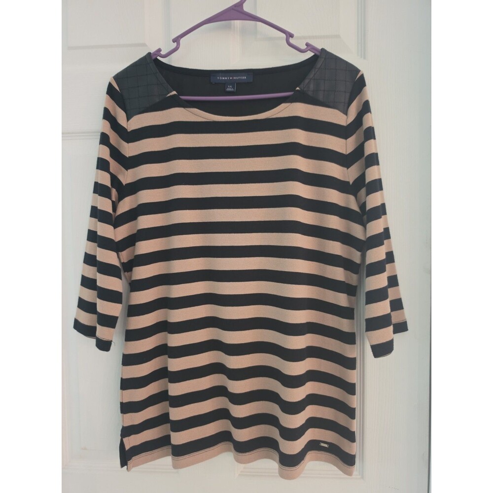 Tommy Hilfiger Womens Large Striped 3/4 Sleeve Top Black Beige Quilted Shoulder
